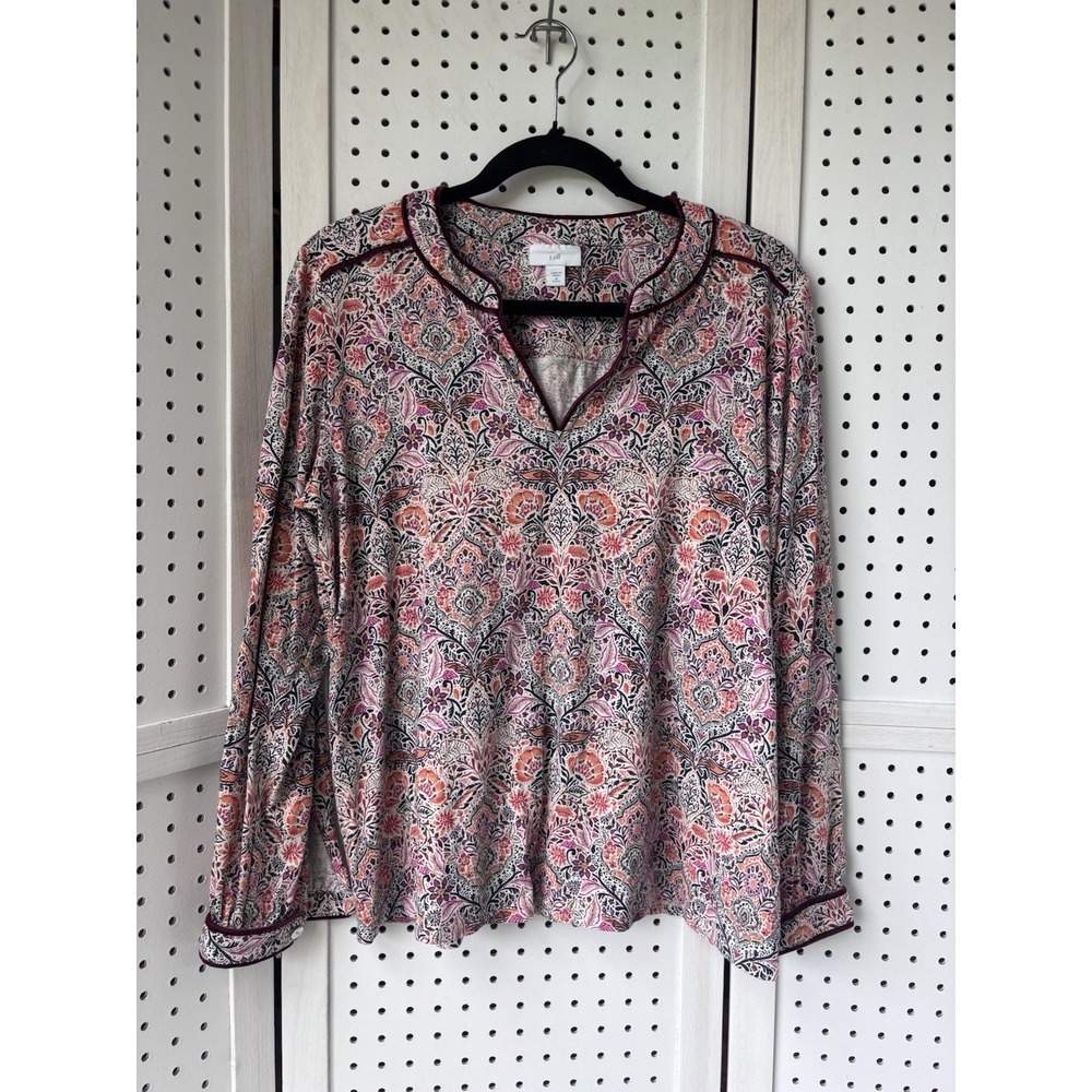 J. Jill Women's MP Cotton Modal Fall Floral Velvet Trim Long SLV Blouse Tee